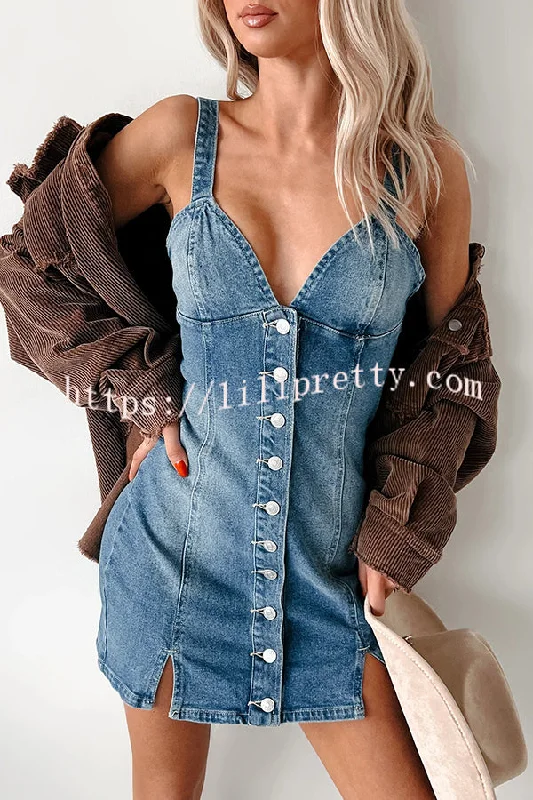 Sexy V-neck Open Back Button Slim Fit Denim Mini Dress Stylish Spaghetti Strap Mini Dress