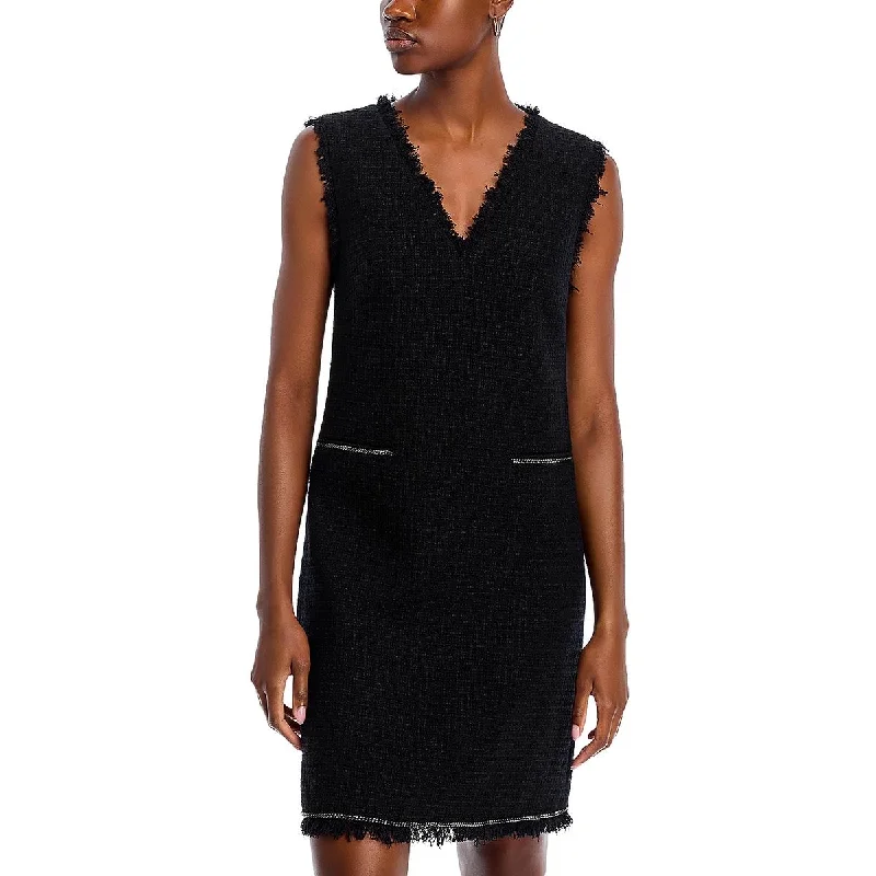 Womens Above Knee Tweed Mini Dress Tunics Long Elegant