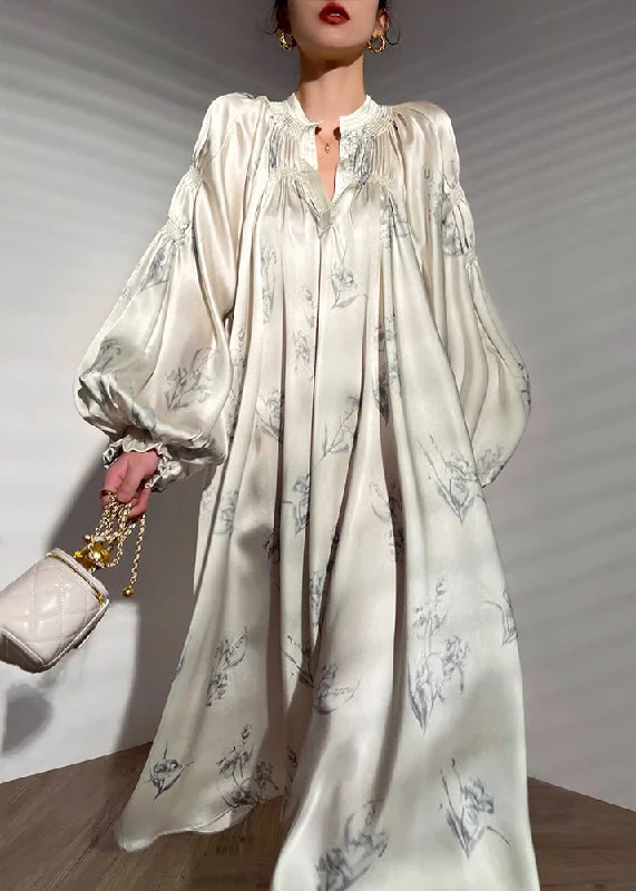 French Beige Print Tie Waist Silk Maxi Dress Long Sleeve AJ1016 Tunics Gym athletic