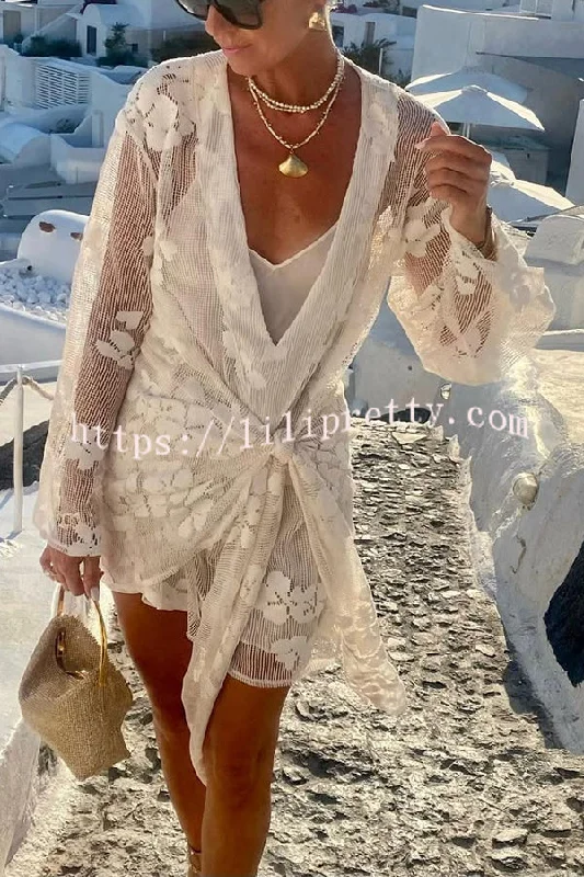 Beach Elegance Floral Lace Long Sleeve Wrap Tie-up Vacation Mini Dress Stylish Sweetheart Neck Mini Dress Beach Elegance Floral Lace Long Sleeve Wrap Tie-up Vacation Mini Dress Stylish Sweetheart Neck Mini Dress