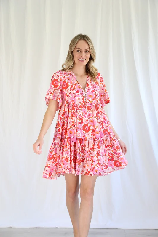 Salty Bright Arabella Pink Red Floral Mini Dress Classic White Mini Dress
