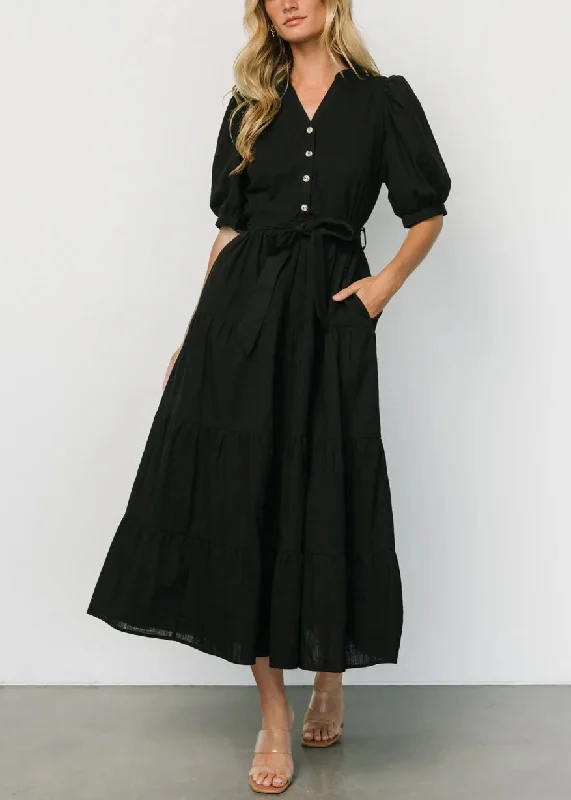 Black Tie Waist Cotton Long Dresses V Neck Short Sleeve AU1004 Tunics Summer linen