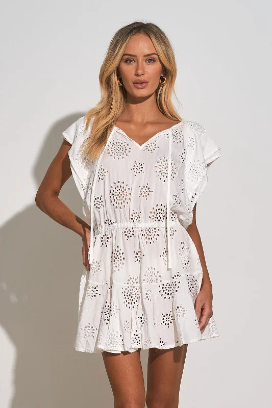 Elan White Eyelet Short Sleeve Mini Dress Cozy Ruched Mini Dress