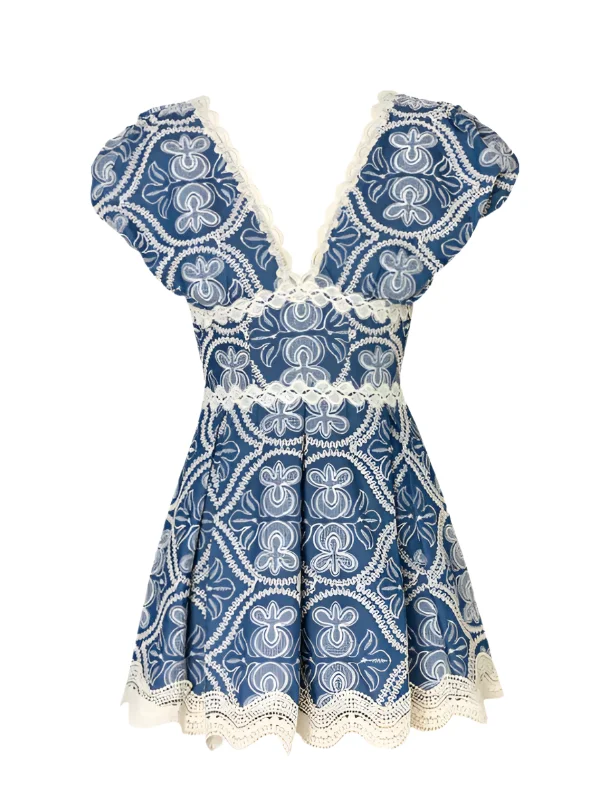 Cassandra Mini Dress in Denim Trendy Floral Mini Dress