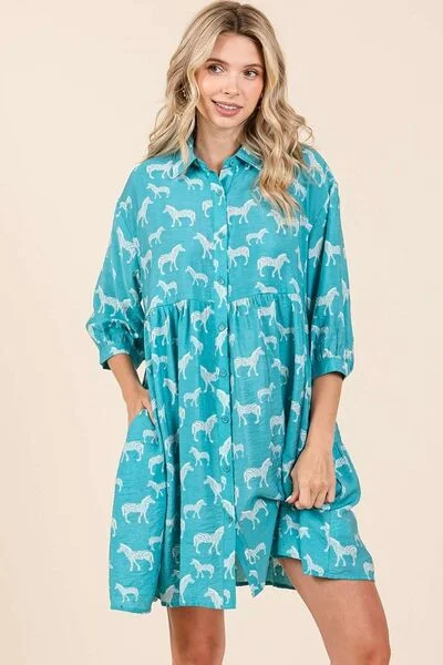 Mittoshop Zebra Print Button Down Shirt Mini Dress Classic Casual Mini Dress