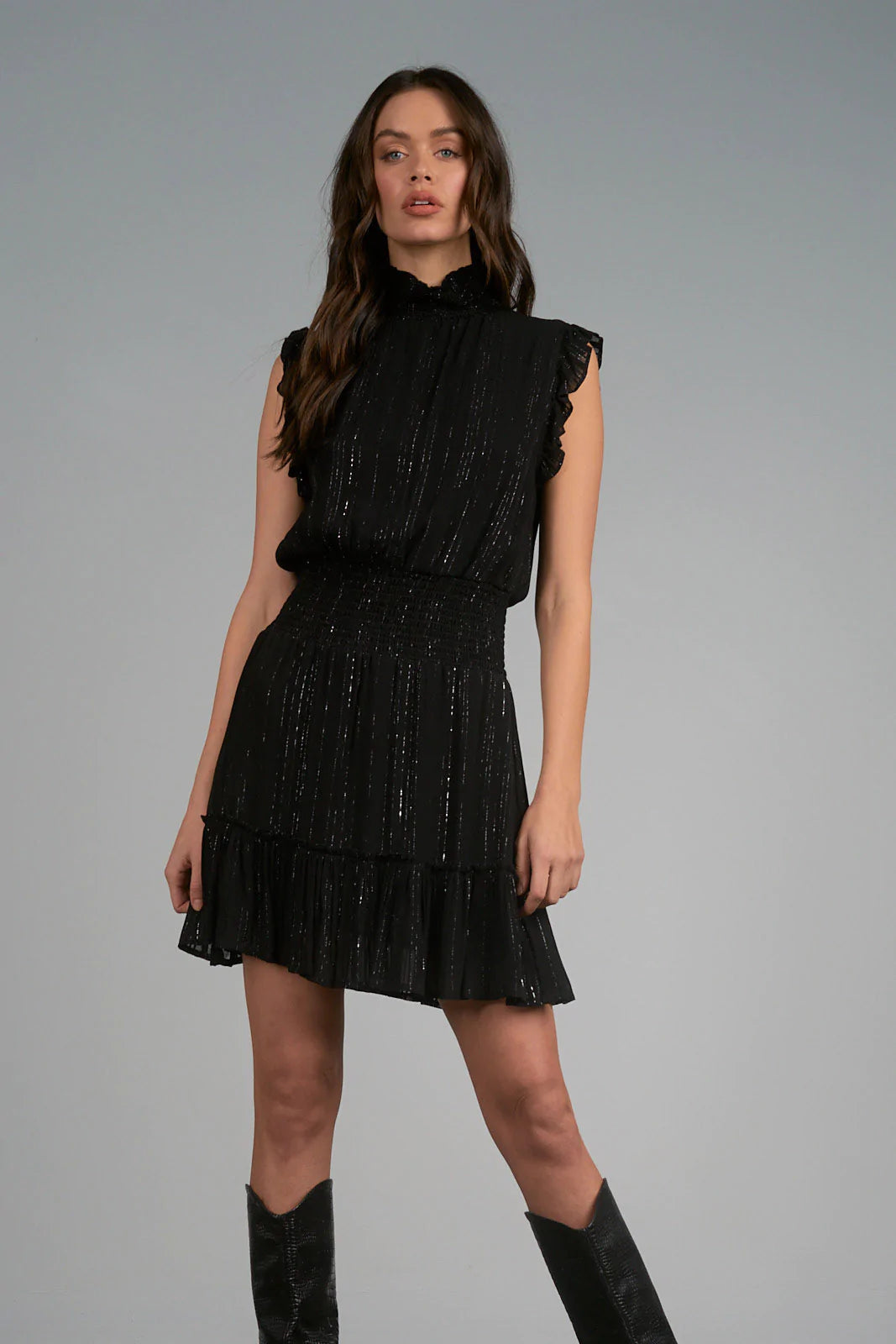 Elan Black Silver Sleeveless Jazz Mini Dress Comfortable Shift Mini Dress