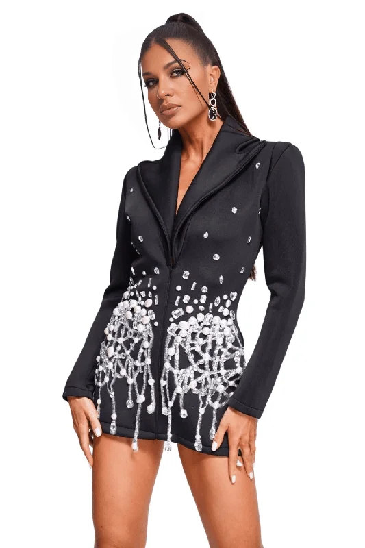 Women's Sparkly Crystal Pearls Mini Dress Black Stylish Ruffle Mini Dress