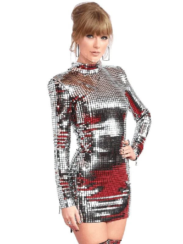 Women's Shiny Plaid Sequins Body-Con Mini Dress Chic Mini Dress with V-Neck