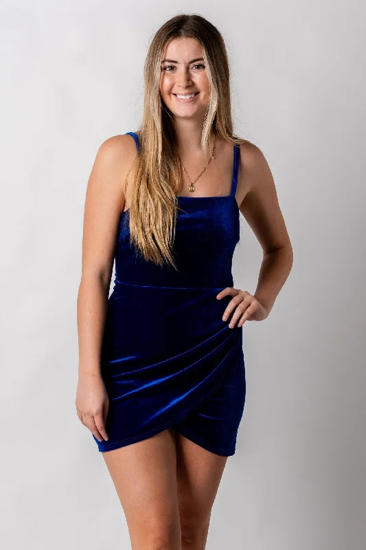 Velvet wrap mini dress royal blue Fashionable Lace-Trim Mini Dress