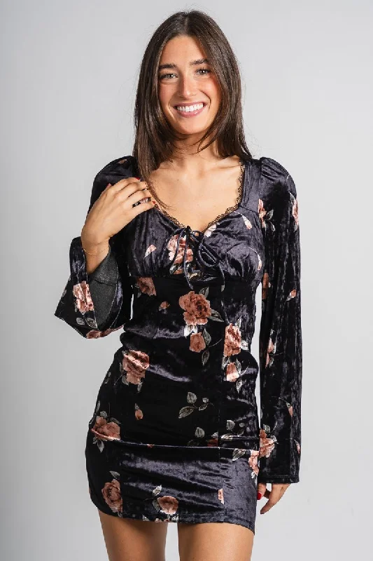 Floral velvet mini dress black Fashionable Mini Dress with Slits