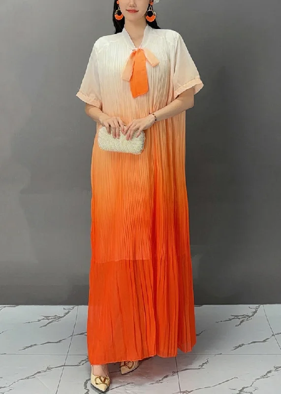 Stylish Orange Bow Wrinkled Maxi Dresses Summer AJ1021 Tunic Top Casual