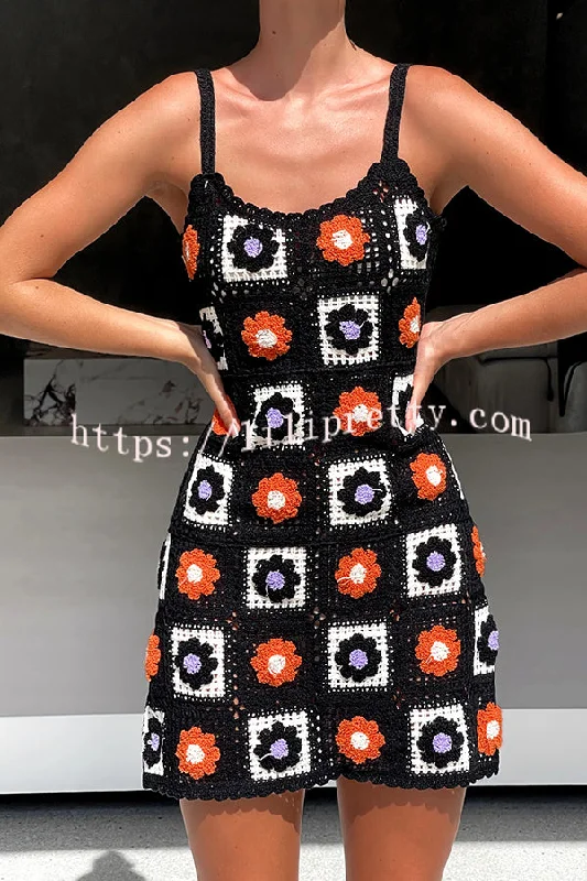 Embroidered Floral Strappy Knitted Mini Dress Elegant Mini Dress with Ruffles