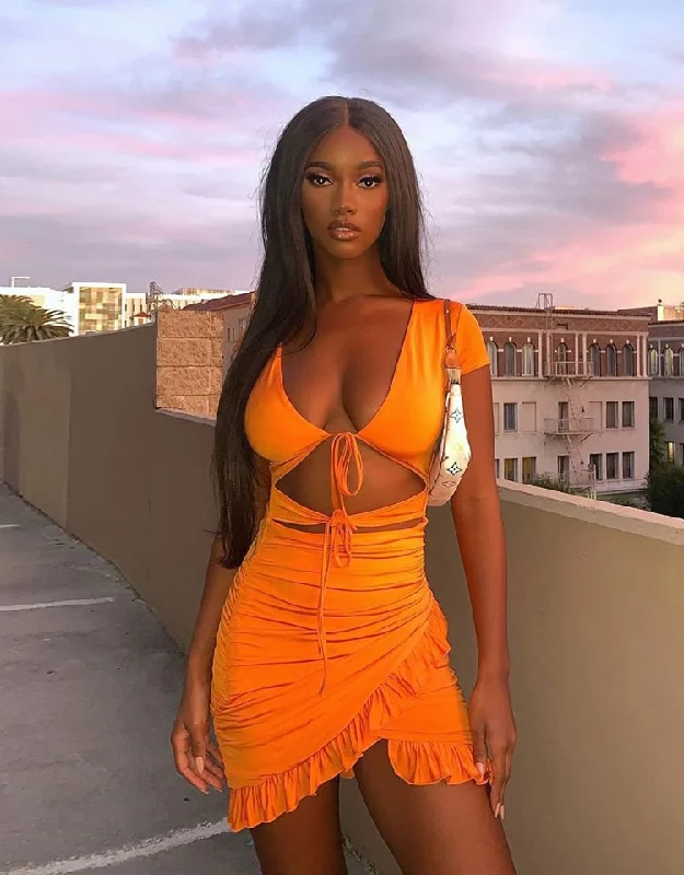 Summer Orange Mini Dress Sexy High Cut Hollow Out Lace Up Ruched Wrap Dress Chic Ruffles Outfit Chic Bohemian Mini Dress