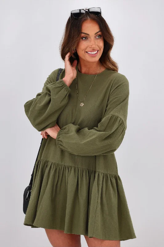 RPM Lola Mini Dress Khaki Elegant Off-Shoulder Dress Mini