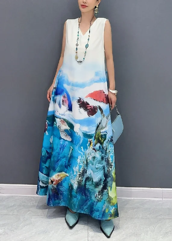Fashion Blue V Neck Print Long Dress Sleeveless AO1053 Tunics Prom sequined