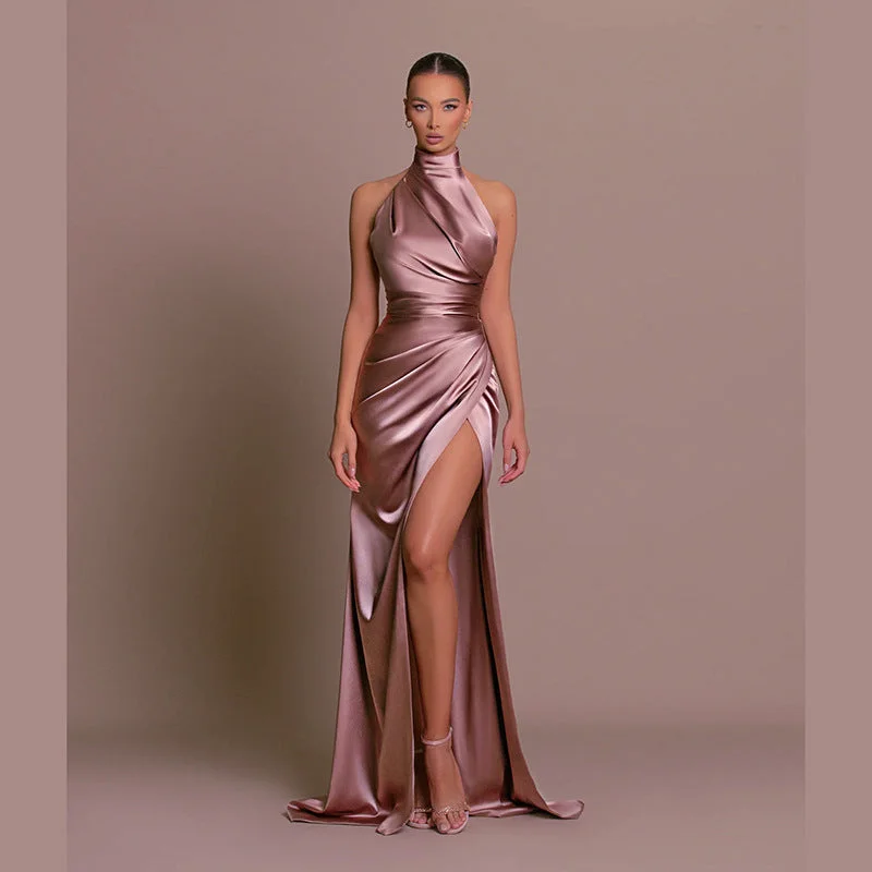 IKEARLAX  Yj23556 Autumn New Graceful Stand Collar Long Dress European and American Style Halter Sleeveless Split Bottoming Dress Dress Tunics Travel practical