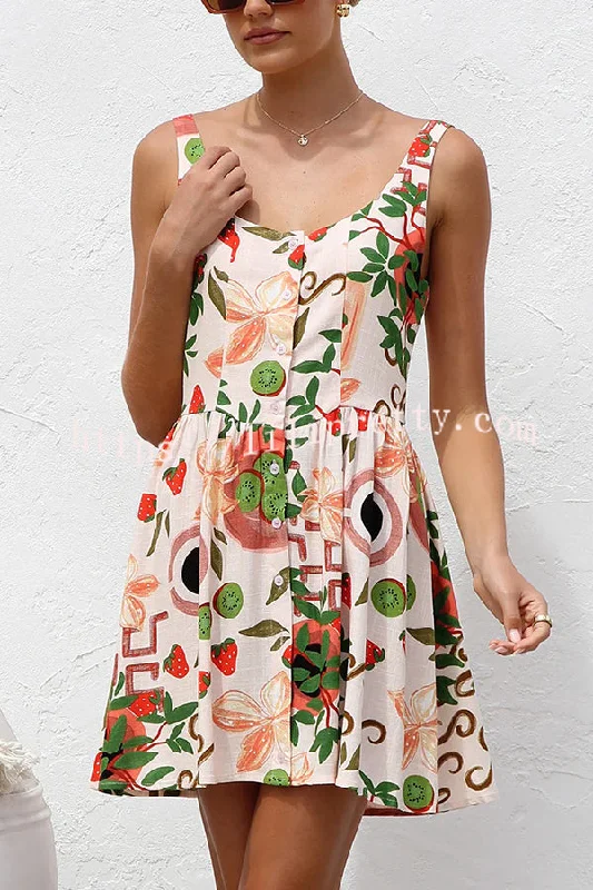 Botanical Print Sleeveless Button-Down Mini Dress Elegant Mini Dress with Pleats