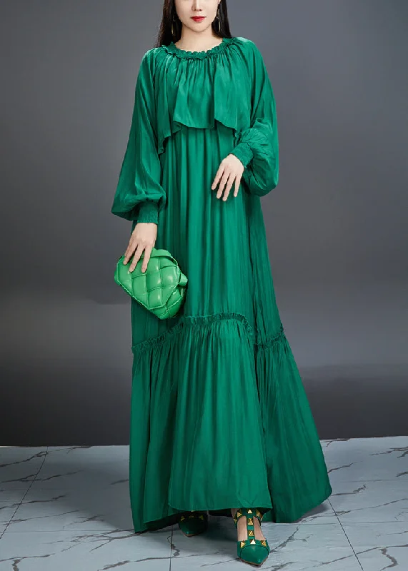 Italian Green Ruffled Pockets Tie Waist Cotton Maxi Dress Fall AJ1028 Casual Short Summer