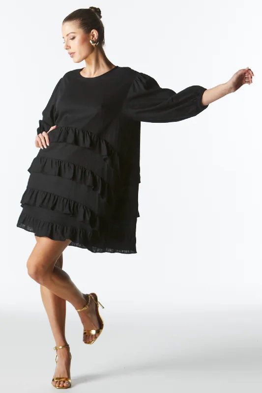 Fate Midsummer Ruffle Long Sleeve Mini Dress Black Fashionable Boho-Chic Mini Dress