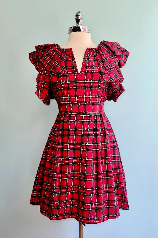 Red Plaid Ruffle Sleeve Wilma Mini Dress Comfortable Zip-Up Mini Dress