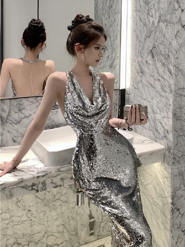 IKERRLAX Hepburn Style Style High-End Sexy Silver Paillette Evening Dress Women's Spring Socialite Elegant Backless Halter Dress Tunics Sophisticated sleek IKERRLAX Hepburn Style Style High-End Sexy Silver Paillette Evening Dress Women's Spring Socialite Elegant Backless Halter Dress Tunics Sophisticated sleek
