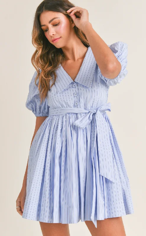 Pinstripe Collared Mini Dress Elegant Mini Dress with Pleats