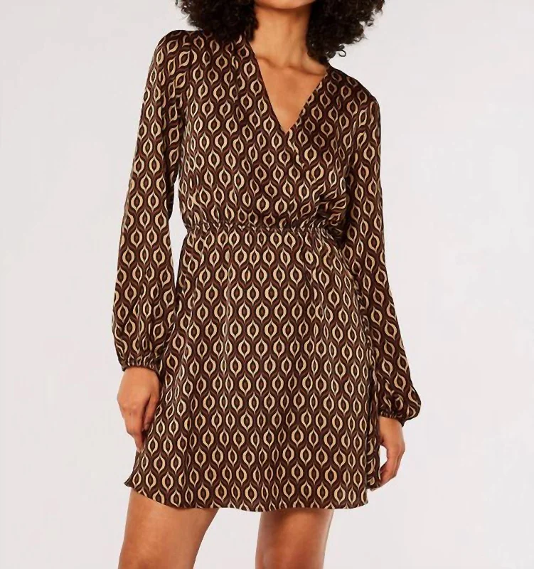 Geometric Satin Wrap Mini Dress In Brown Shift Classic Vintage