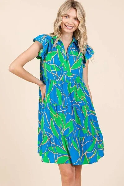 Mittoshop Leaf Print Ruffle Sleeve Tiered Mini Dress Fashionable Summer Mini Dress