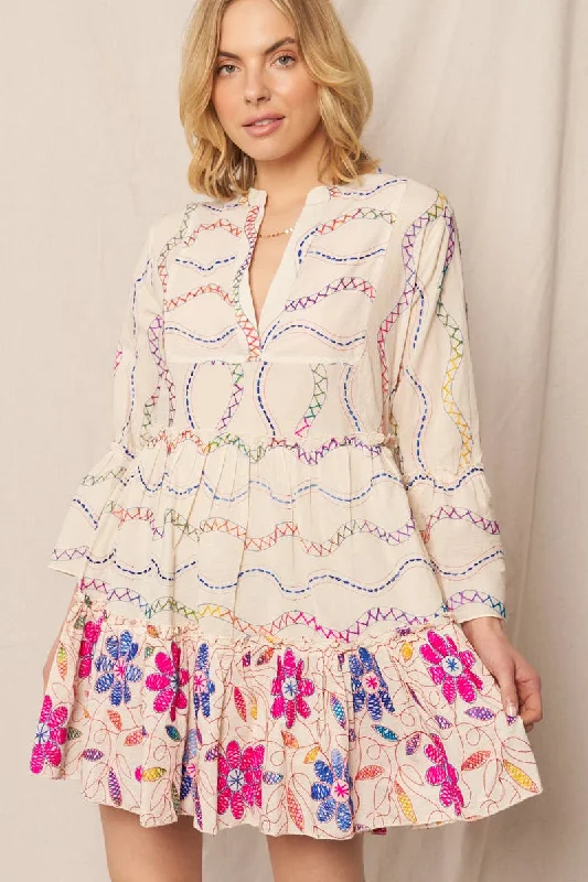 Multicolor Embroidered V-Neck Tiered Mini Dress Fashionable Lace-Trim Mini Dress