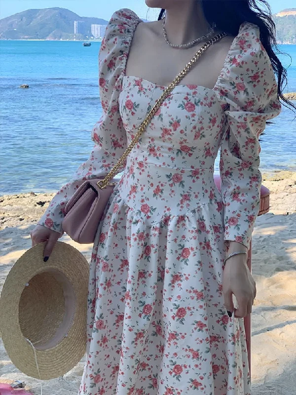 Midi Floral Dress Slim Long Sleeve Elegant Dress Woman Vintage Beach Evening Party Dress Korean Fashion Spring Casual Chic empire Waist empire Midi Floral Dress Slim Long Sleeve Elegant Dress Woman Vintage Beach Evening Party Dress Korean Fashion Spring Casual Chic empire Waist empire