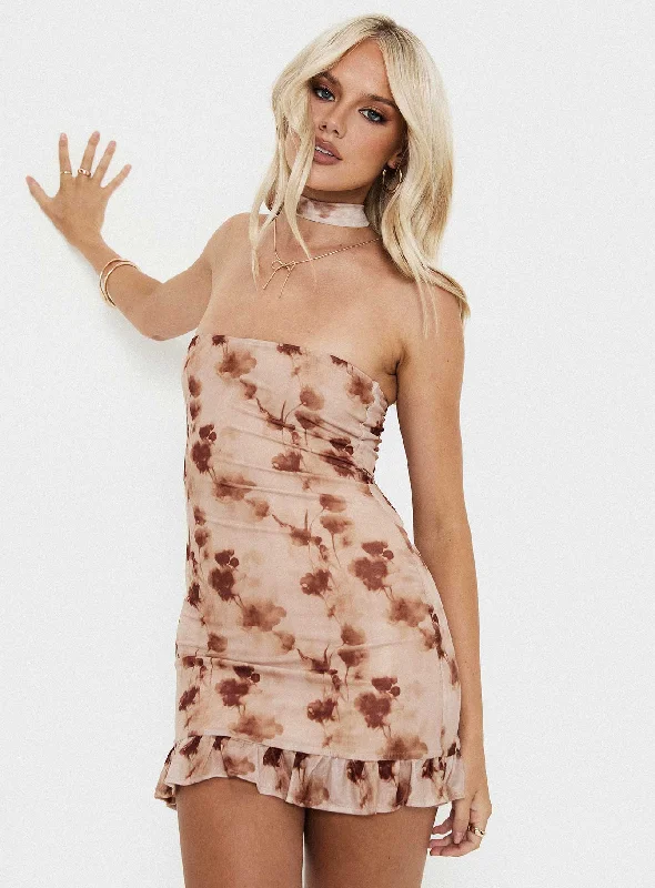 Stockton Strapless Mini Dress Beige Floral Tunics Modern contemporary