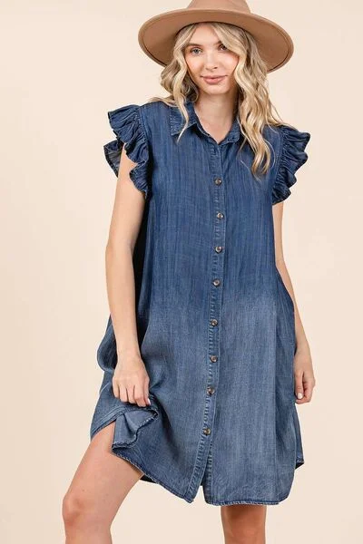 Mittoshop Washed Chambray Ruffle Sleeve Buttoned Mini Dress Comfortable Fit-and-Flare Mini Dress Mittoshop Washed Chambray Ruffle Sleeve Buttoned Mini Dress Comfortable Fit-and-Flare Mini Dress