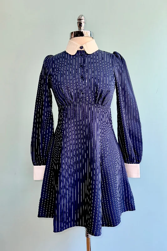 Navy Pinstripe Costello Mini Dress by Hell Bunny Fashionable Polka Dot Mini Dress