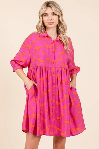 Mittoshop Zebra Print Button Down Shirt Mini Dress Casual Button-Up Mini Dress