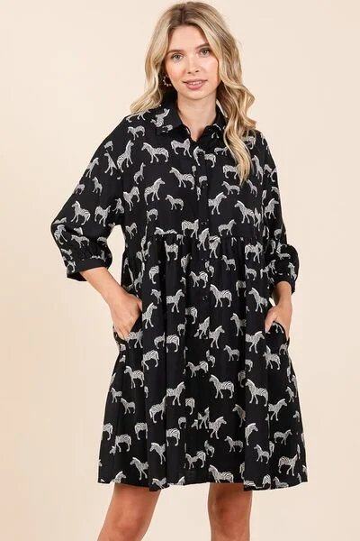 Mittoshop Zebra Print Button Down Shirt Mini Dress Trendy Mesh Mini Dress