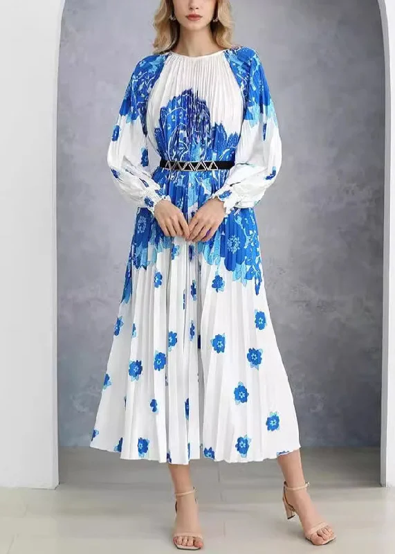 French Blue Wrinkled Print Cotton Long Dress  AU1020 Casual Short Summer