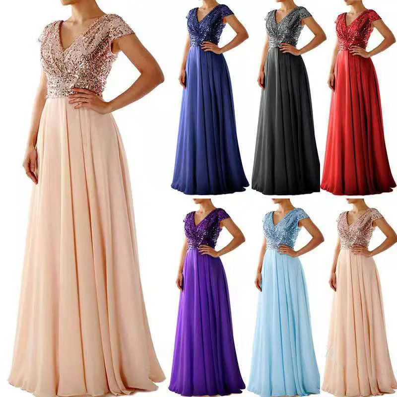 IKEARLAX 2021 Summer European and American New Foreign Trade Chiffon Dress V-neck Sequins Solid Color Stitching Evening Long Dress Tunics Cozy soft IKEARLAX 2021 Summer European and American New Foreign Trade Chiffon Dress V-neck Sequins Solid Color Stitching Evening Long Dress Tunics Cozy soft