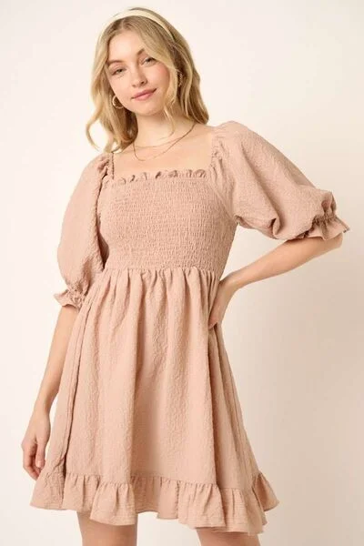 Mittoshop Smocked Ruffled Hem Half Sleeve Mini Dress Stylish Button-Down Mini Dress