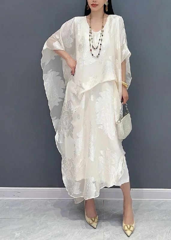 New Jacquard White Silk Maxi Dresses Summer AY1056 Tunics Vintage classic