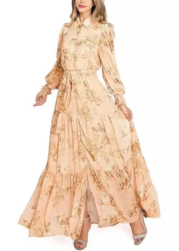 Elegant Orange Button Print Cotton Maxi Dresses Long Sleeve AU1015 sweetheart Neckline Romantic Elegant Orange Button Print Cotton Maxi Dresses Long Sleeve AU1015 sweetheart Neckline Romantic