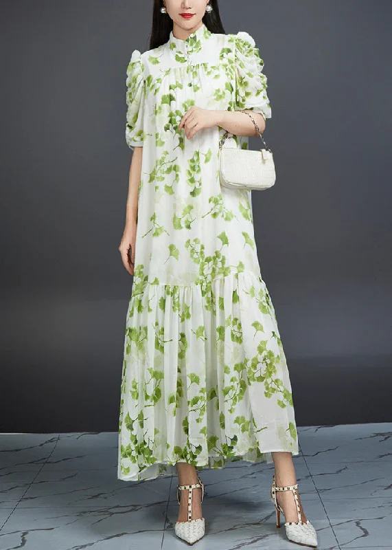 Bohemian Green Wrinkled Print Tie Waist Chiffon Dress Summer AJ1002 Tunics Brand named