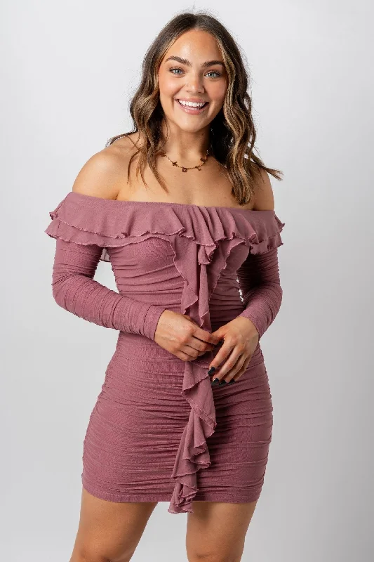 Mesh fairy mini dress mauve Elegant Lace Mini Dress