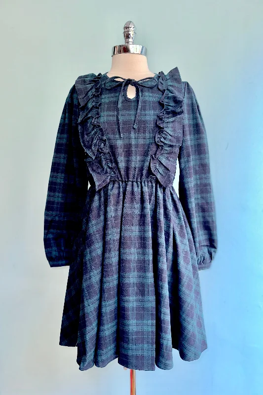 Navy Plaid Ruffle Mini Dress by Molly Bracken Chic Mini Dress with V-Neck