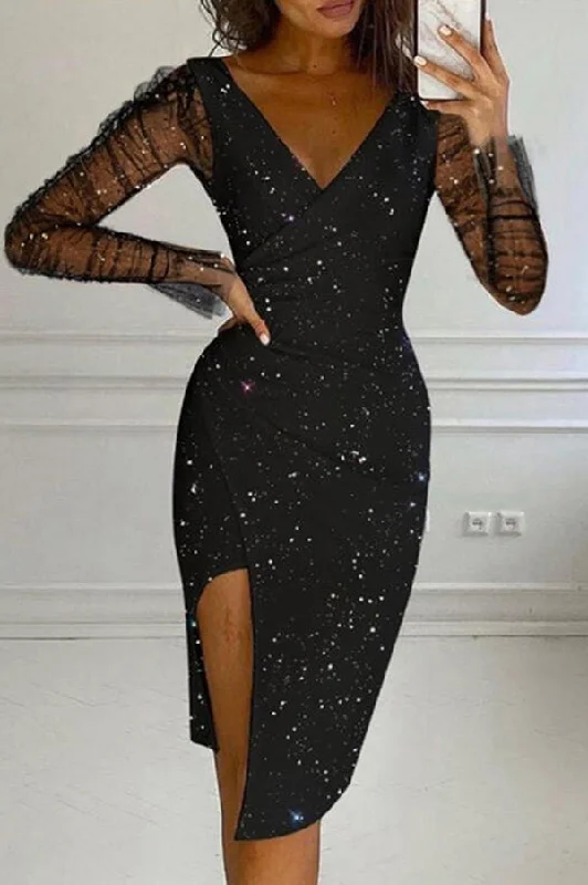 Fashionable Shiny V-Neck Mesh Long Sleeve Irregular Hem Mini Dress Chic Pleated Mini Dress Fashionable Shiny V-Neck Mesh Long Sleeve Irregular Hem Mini Dress Chic Pleated Mini Dress