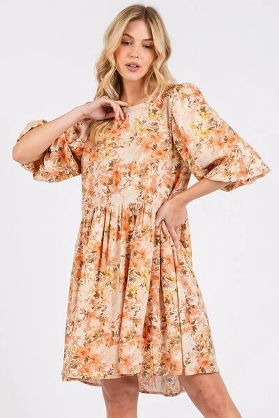 Mittoshop Flower Print Linen Blend Babydoll Mini Dress Cozy A-Line Mini Dress