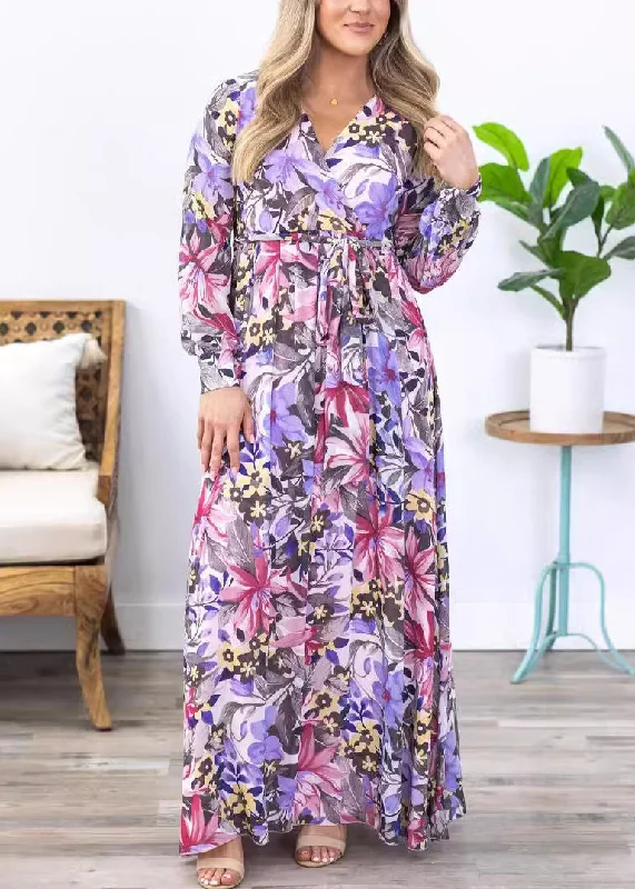 Stylish Purple Print Tie Waist Chiffon Maxi Dress Long Sleeve AU1030 Tunics Fashionable chic Stylish Purple Print Tie Waist Chiffon Maxi Dress Long Sleeve AU1030 Tunics Fashionable chic