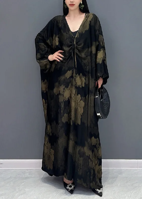 Plus Size Black V Neck Print Holiday Maxi Dress Long Sleeve AO1068 Tunics Solid Classic Plus Size Black V Neck Print Holiday Maxi Dress Long Sleeve AO1068 Tunics Solid Classic