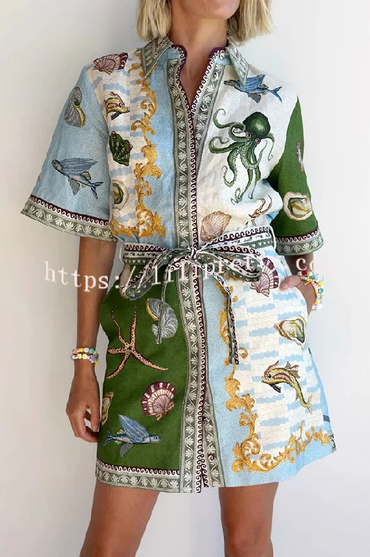 Deep Sea Dreaming Linen Blend Unique Print Tie-up Pocketed Shirt Mini Dress Classic Floral Mini Dress