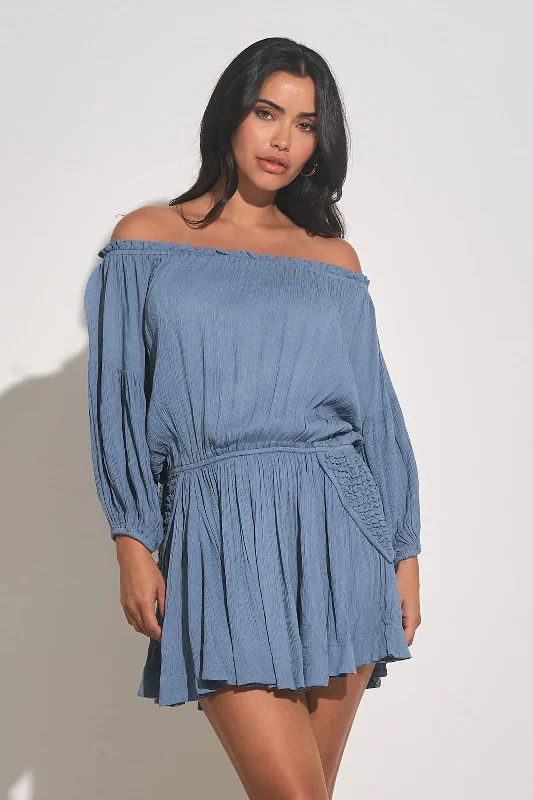 Elan Smokey Blue Off the Shoulder Mini Dress Stylish Summer Mini Dress