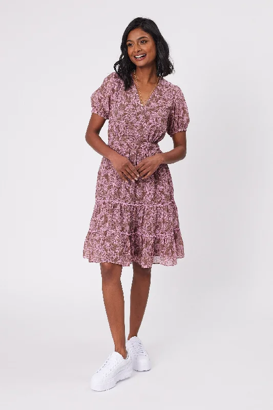Gloss by Shine On Sapphira Mini Dress Brown Pink Floral Chic Pleated Mini Dress